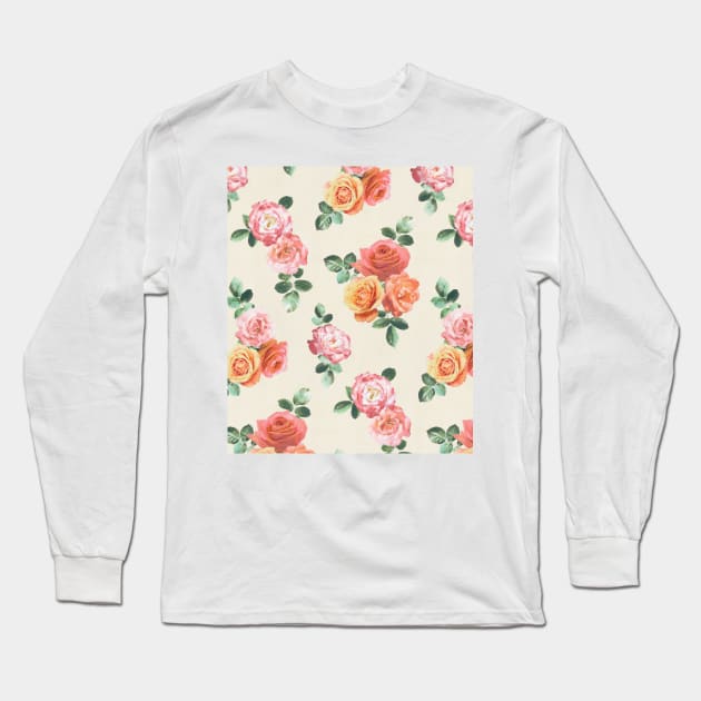 Retro Peach and Pink Roses Long Sleeve T-Shirt by micklyn